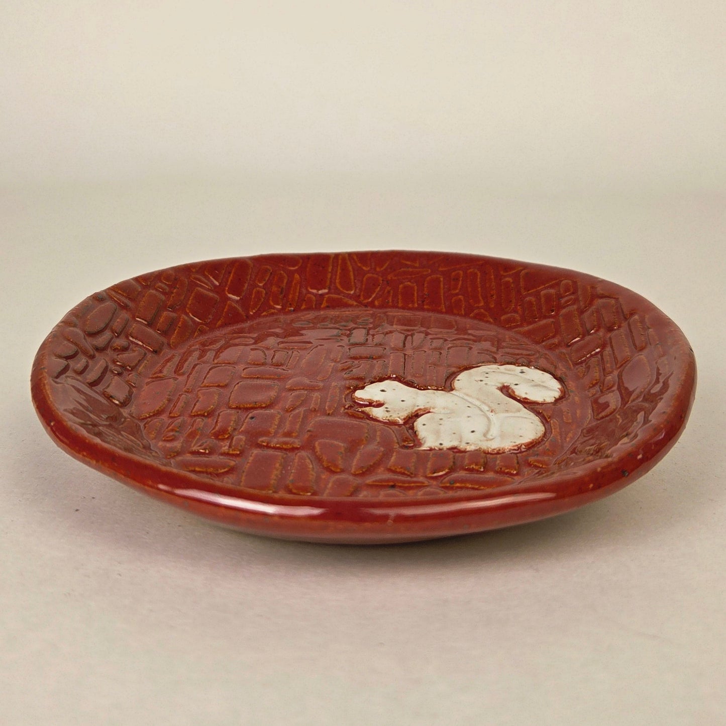White Squirrel on Cinnamon Round Stoneware Trinket Dish