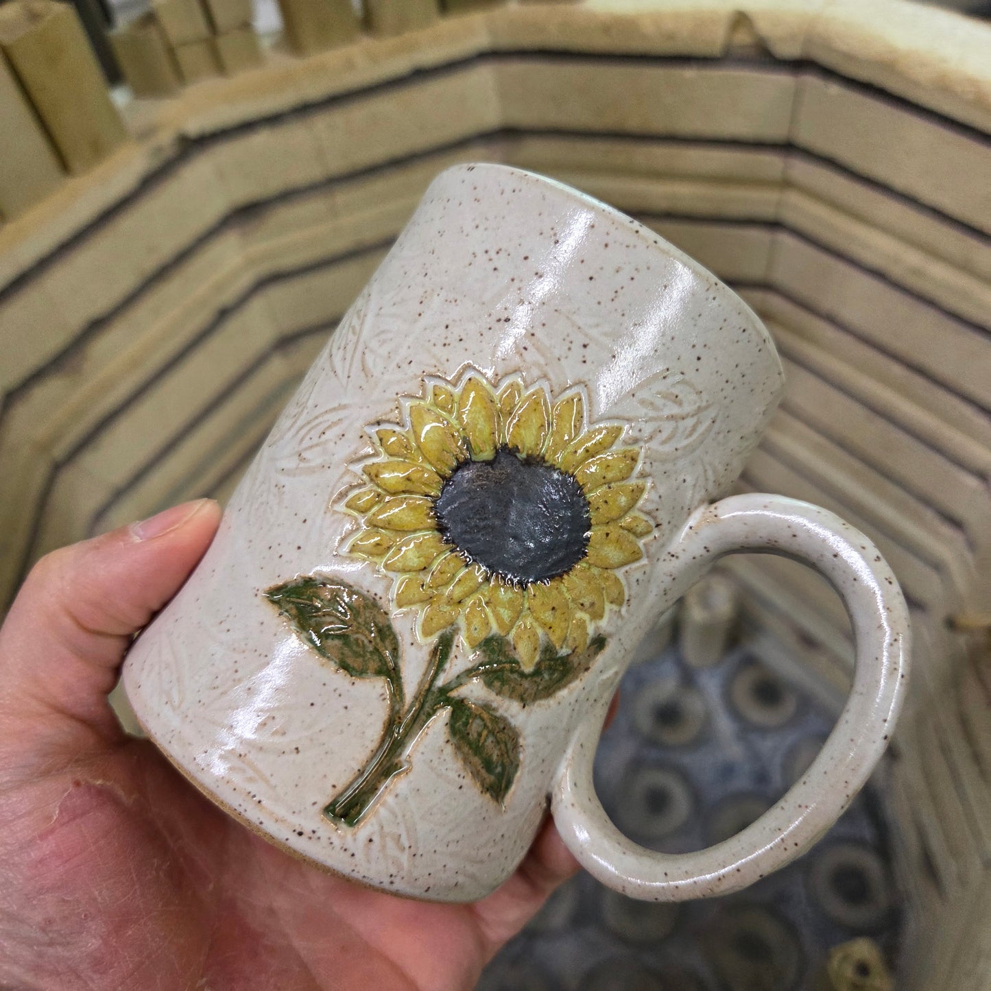 Sunflower on White Leaf Pattern Stoneware 14oz Mug