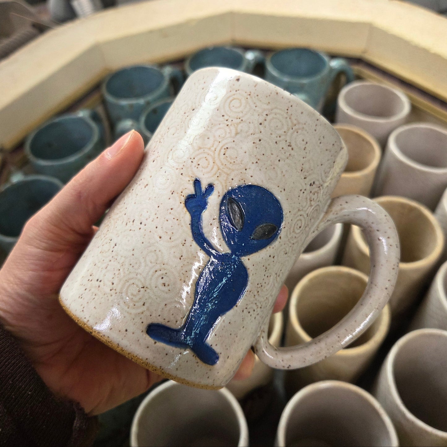 Blue Alien on White 14oz Stoneware Mug