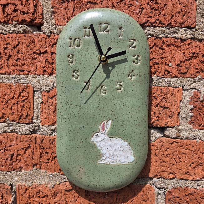 White Rabbit/Bunny on Green Stoneware Wall Clock