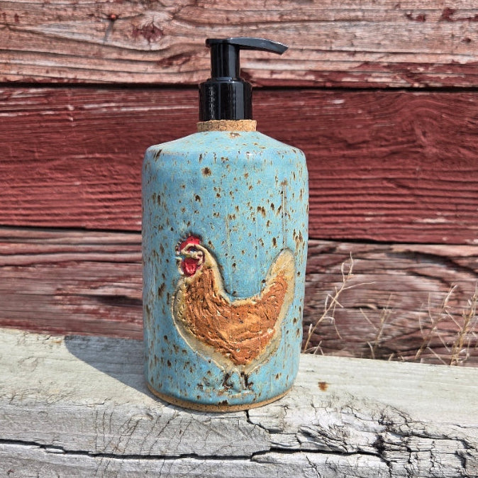 Brown Chicken on Blue Spangle Stoneware Soap/Lotion Dispenser