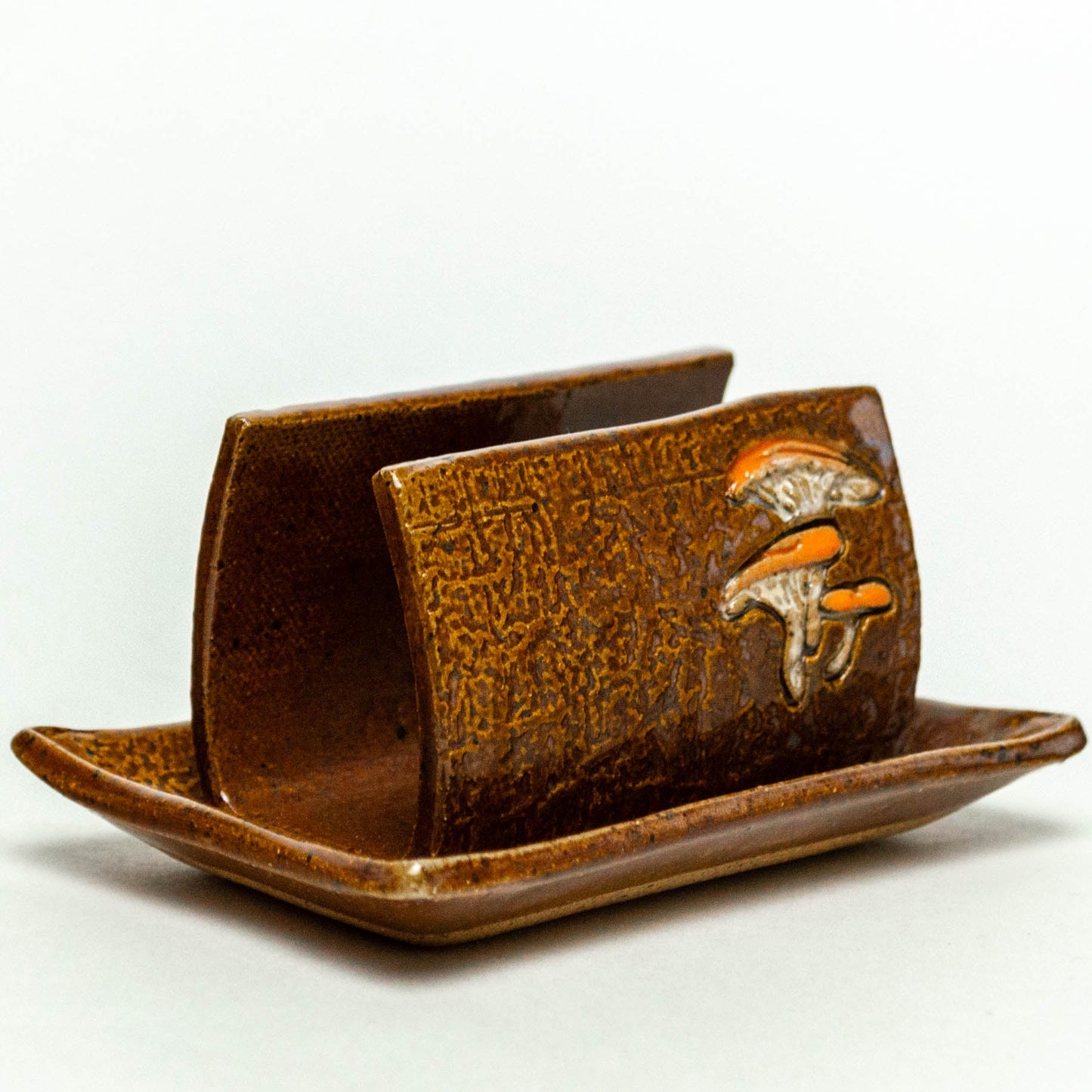 Jack-O'-Lantern Mushroom on Brown Stoneware Sponge Holder