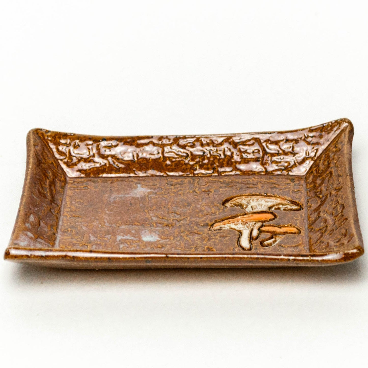 Jack-O'-Lantern Mushroom on Brown Stoneware Trinket Dish
