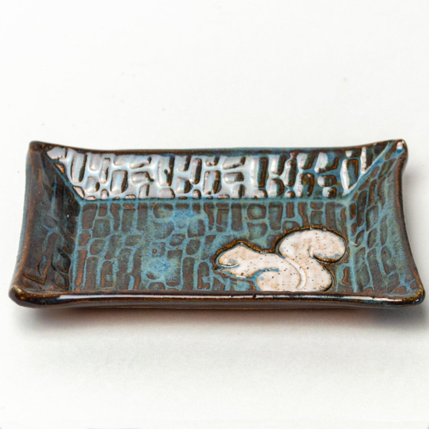 White Squirrel on Blue Stoneware Trinket Dish