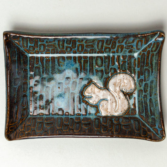 White Squirrel on Blue Stoneware Trinket Dish