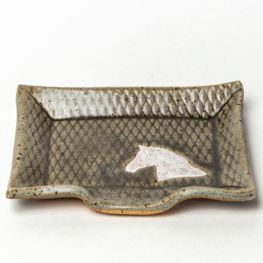 White Horse on Gray Stoneware Soap Dish