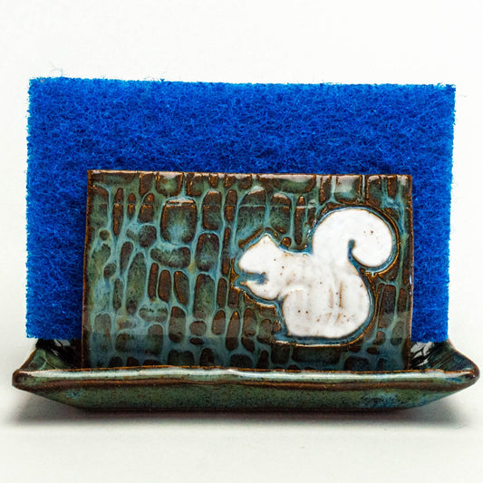 White Squirrel on Blue Stoneware Sponge Holder