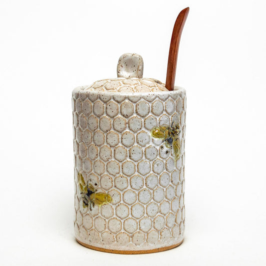 Bee Pattern White Honey Pot w/ Dipper