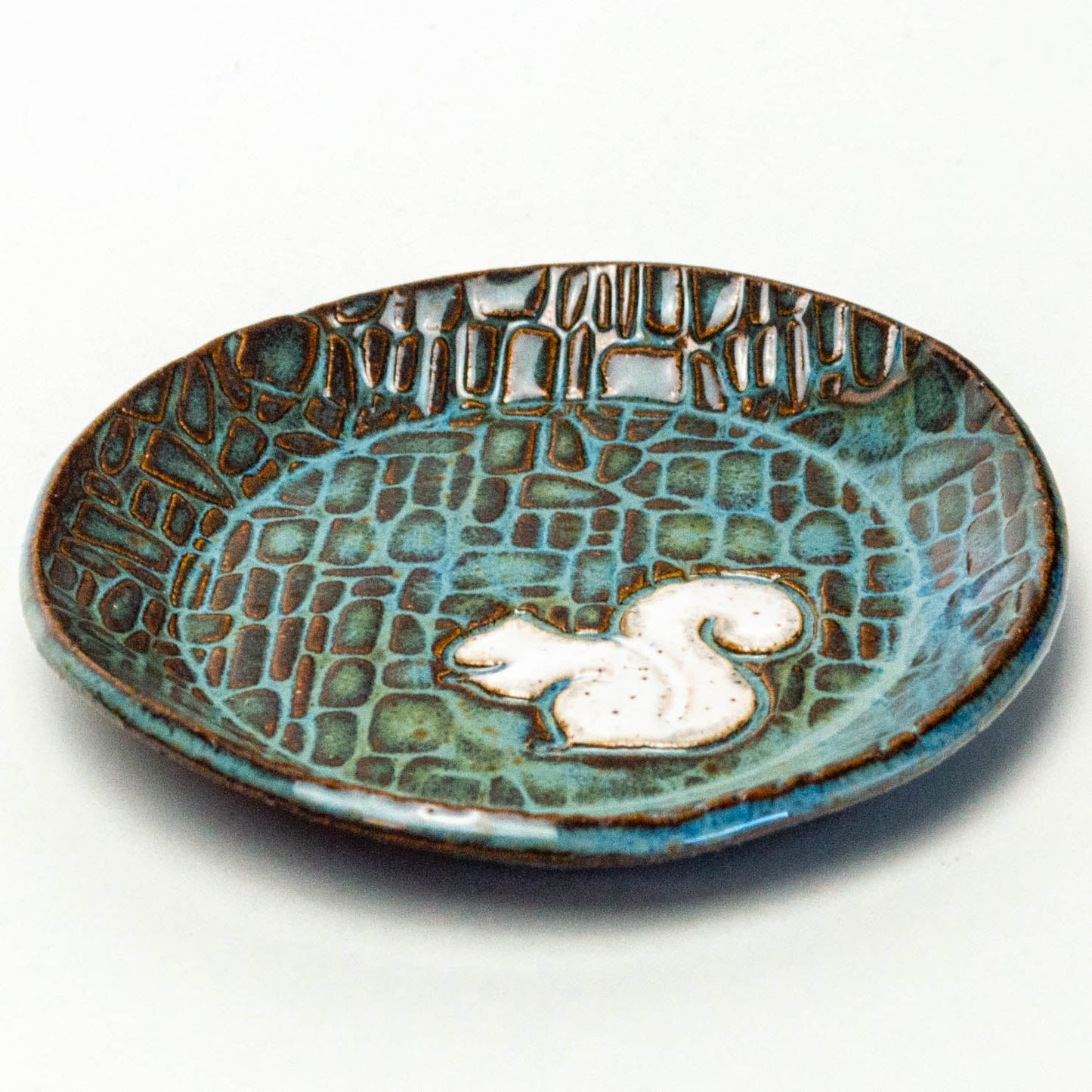 White Squirrel on Blue Stoneware Round Trinket Dish