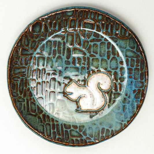 White Squirrel on Blue Stoneware Round Trinket Dish