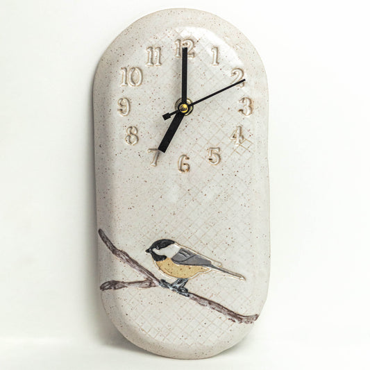 Chickadee on White Stoneware Wall Clock
