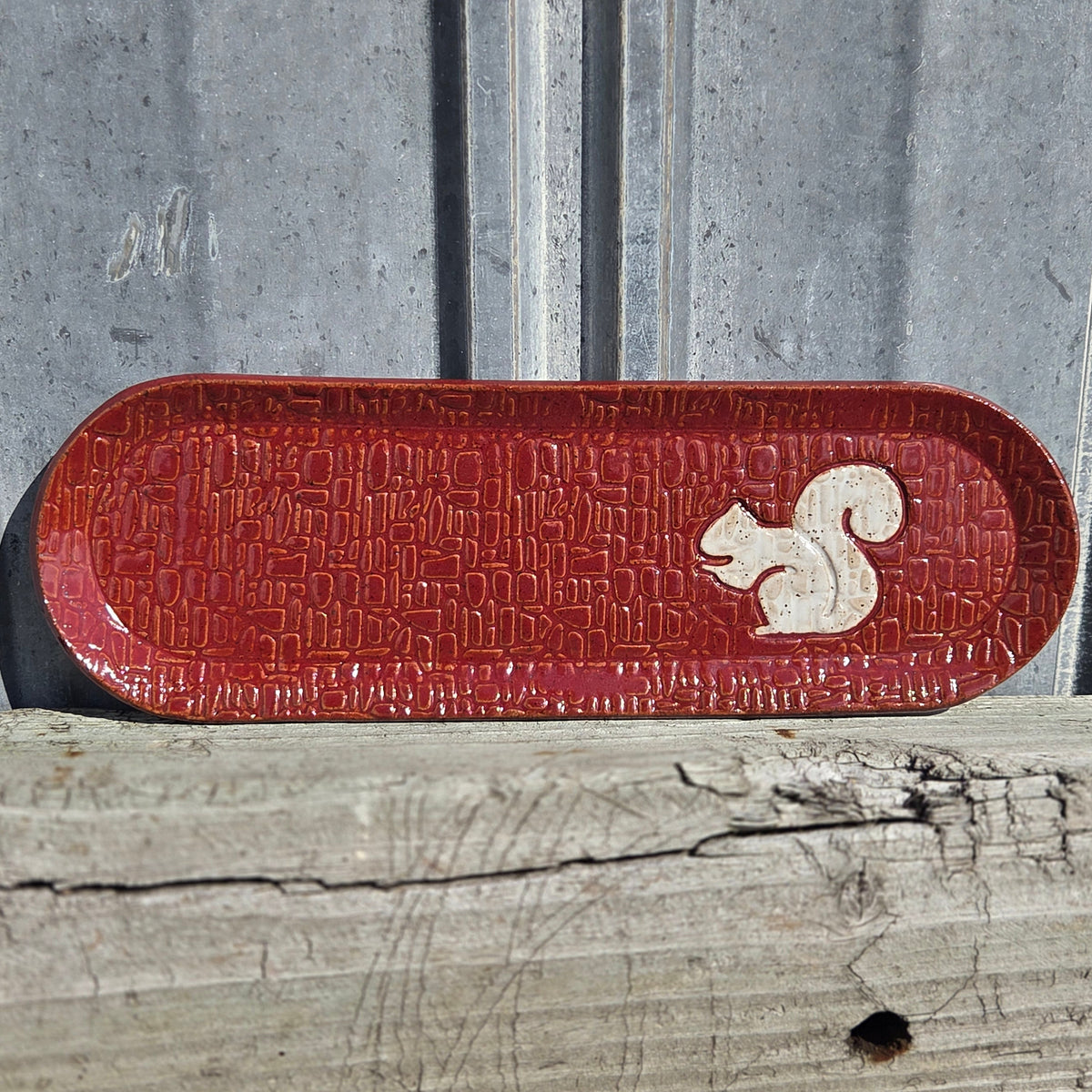White Squirrel on Cinnamon Stoneware 12"x4" Platter