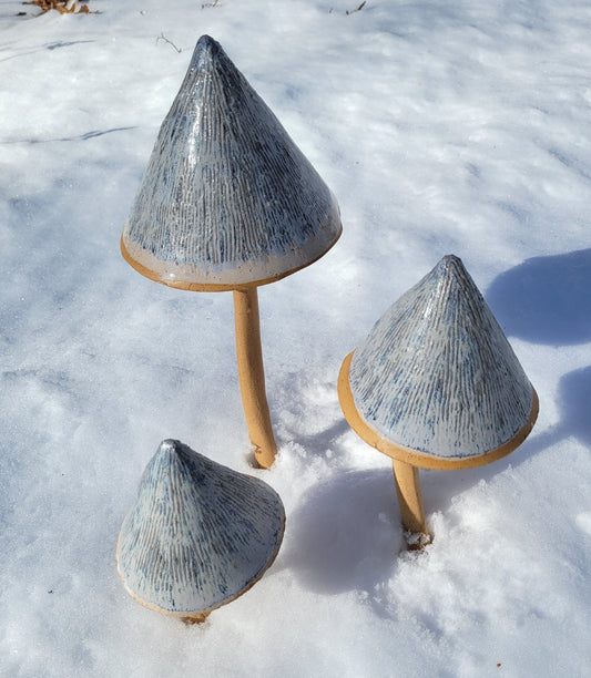Set of 3 Blue Stoneware Garden Mushrooms