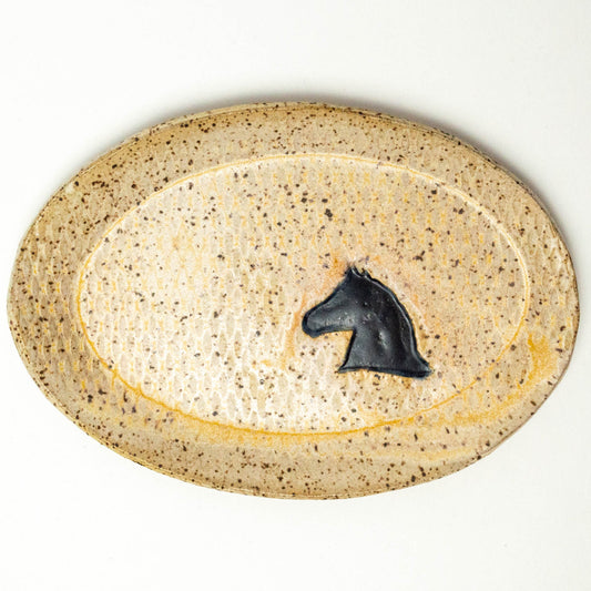 Black Horse Pattern Beige Oval Trinket Dish