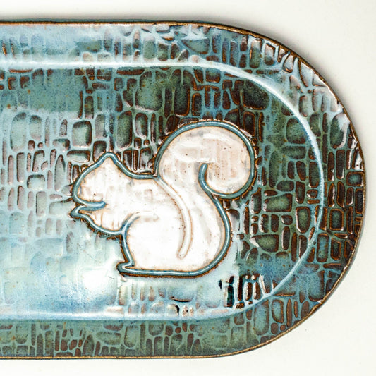 White Squirrel on Blue Stoneware 10" x 5" Platter