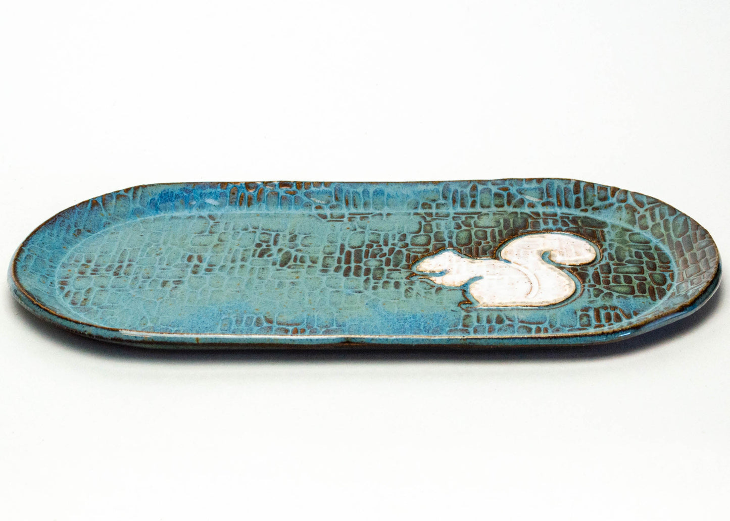 White Squirrel on Blue Stoneware 10" x 5" Platter