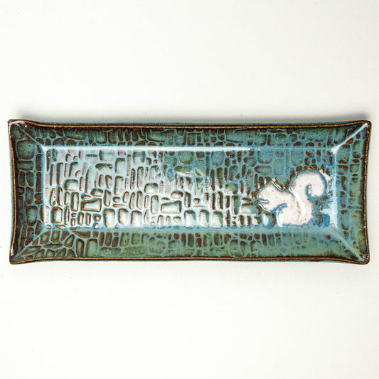 White Squirrel on Blue Stoneware Butter Dish