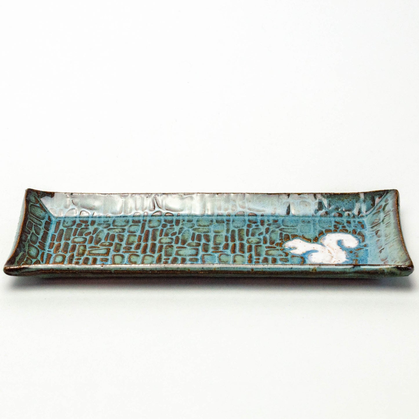 White Squirrel on Blue Stoneware Butter Dish
