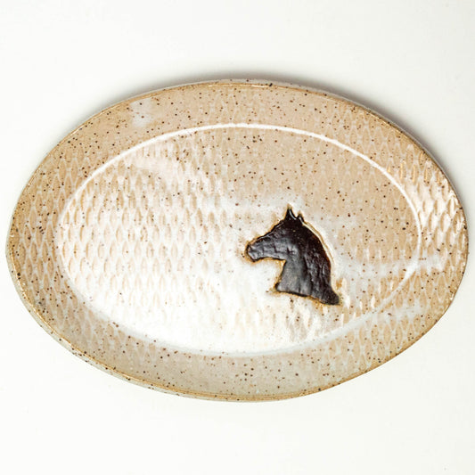 Brown Horse on White Stoneware Oval Trinket Dish