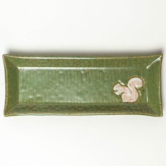 White Squirrel on Green Stoneware Butter Dish