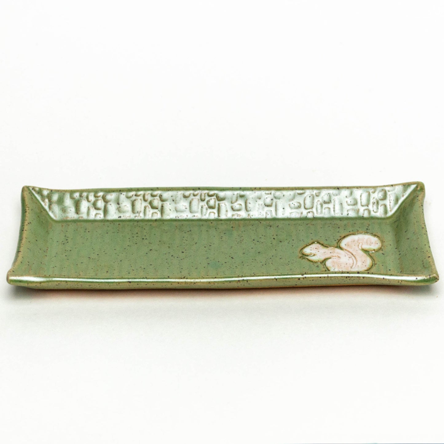 White Squirrel on Green Stoneware Butter Dish