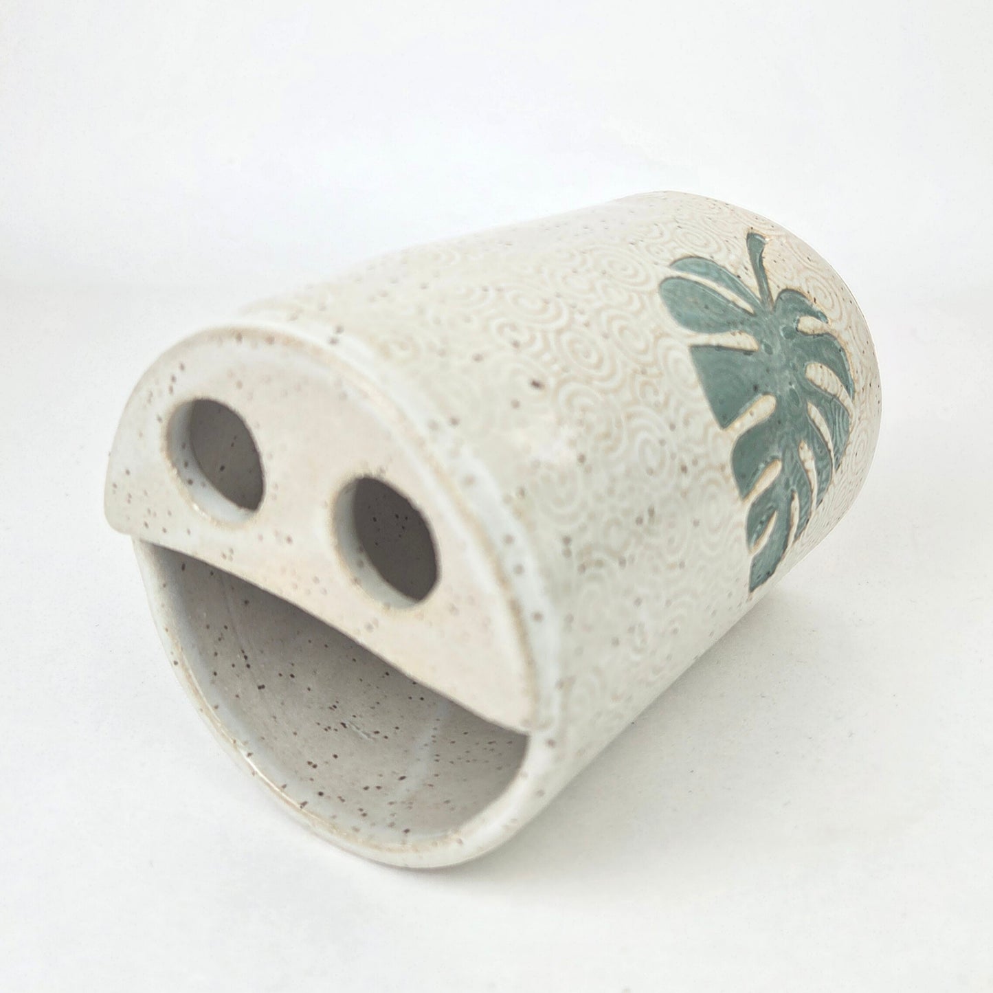 Monstera Leaf on White Handmade Stoneware Toothbrush Holder