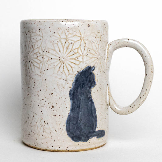Black Sitting Cat on White 14oz Stoneware Mug