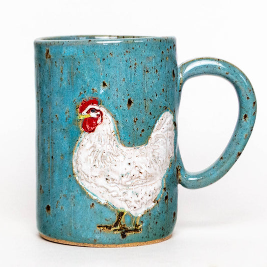 White Chicken Stoneware Blue Spangled 14 oz Mug