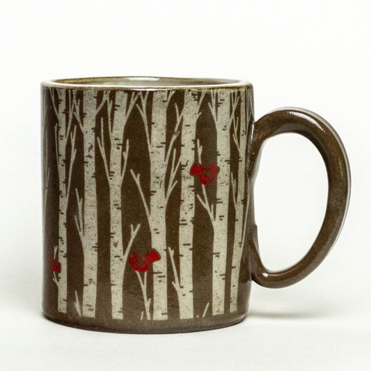 Chocolate Clay Birch Trees & Cardinals 12oz Mug