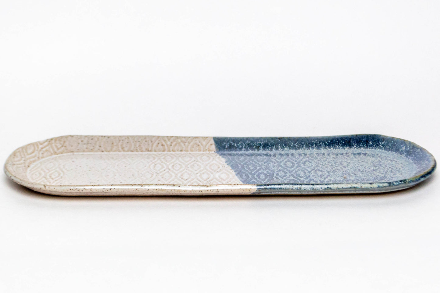 Blue & White Diamond Pattern Stoneware 12"x4" Platter