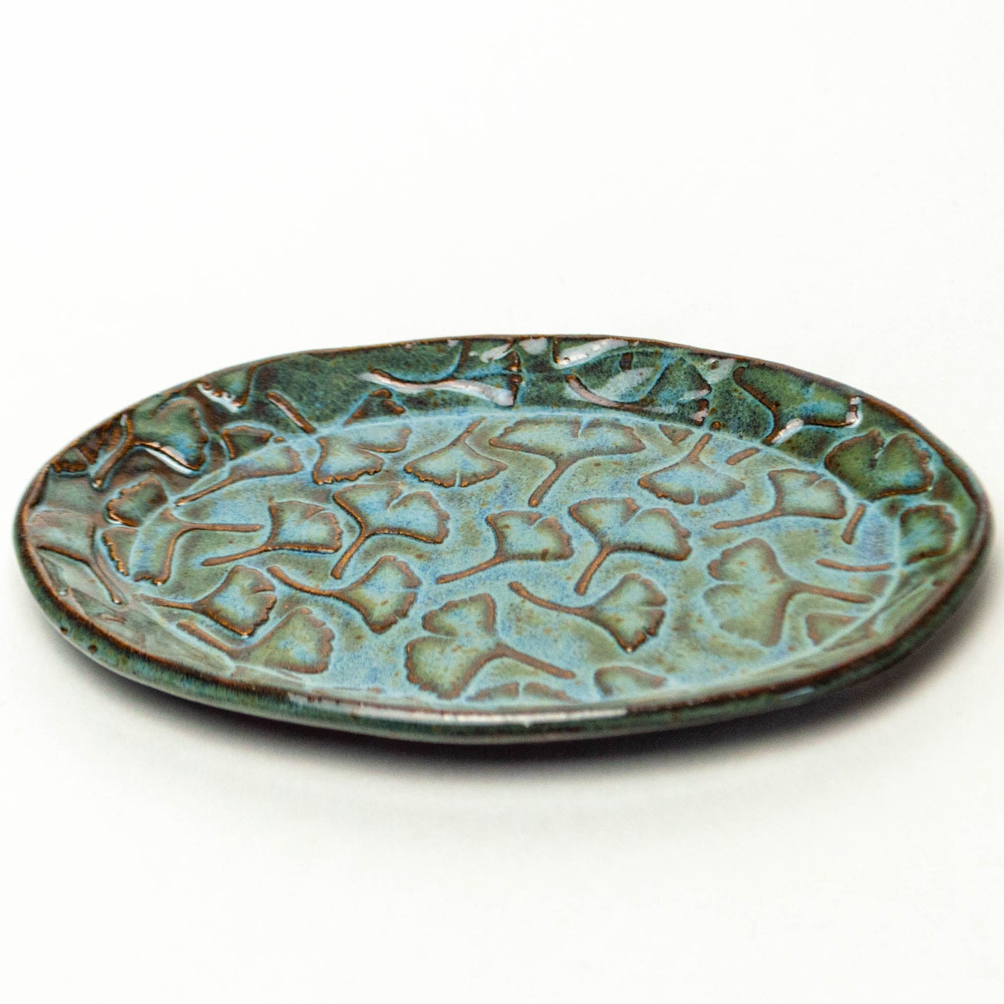 Ginkgo Leaf Pattern Blue Stoneware Oval Trinket Dish