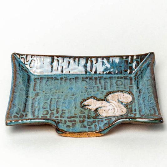 White Squirrel on Blue Stoneware Soap Dish