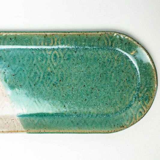 Turquoise & White Diamond Pattern Stoneware  12"x4" Platter