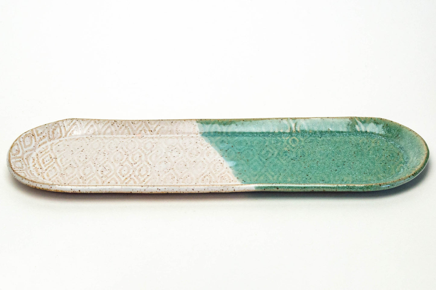 Turquoise & White Diamond Pattern Stoneware 12"x4" Platter