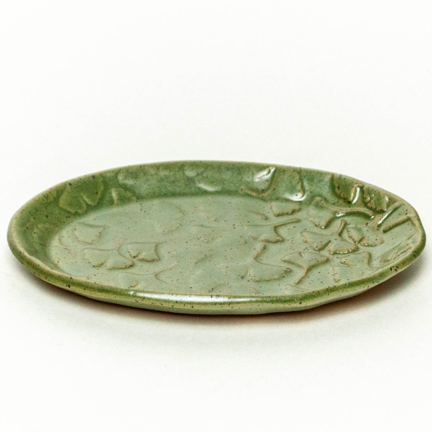 Ginkgo Leaf Green Stoneware Oval Trinket Dish