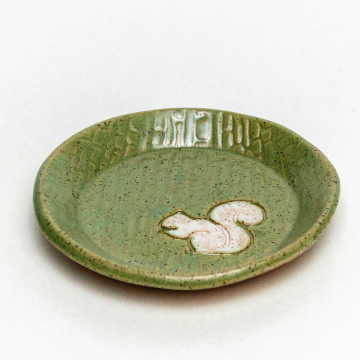 White Squirrel on Green Round Stoneware Trinket Dish