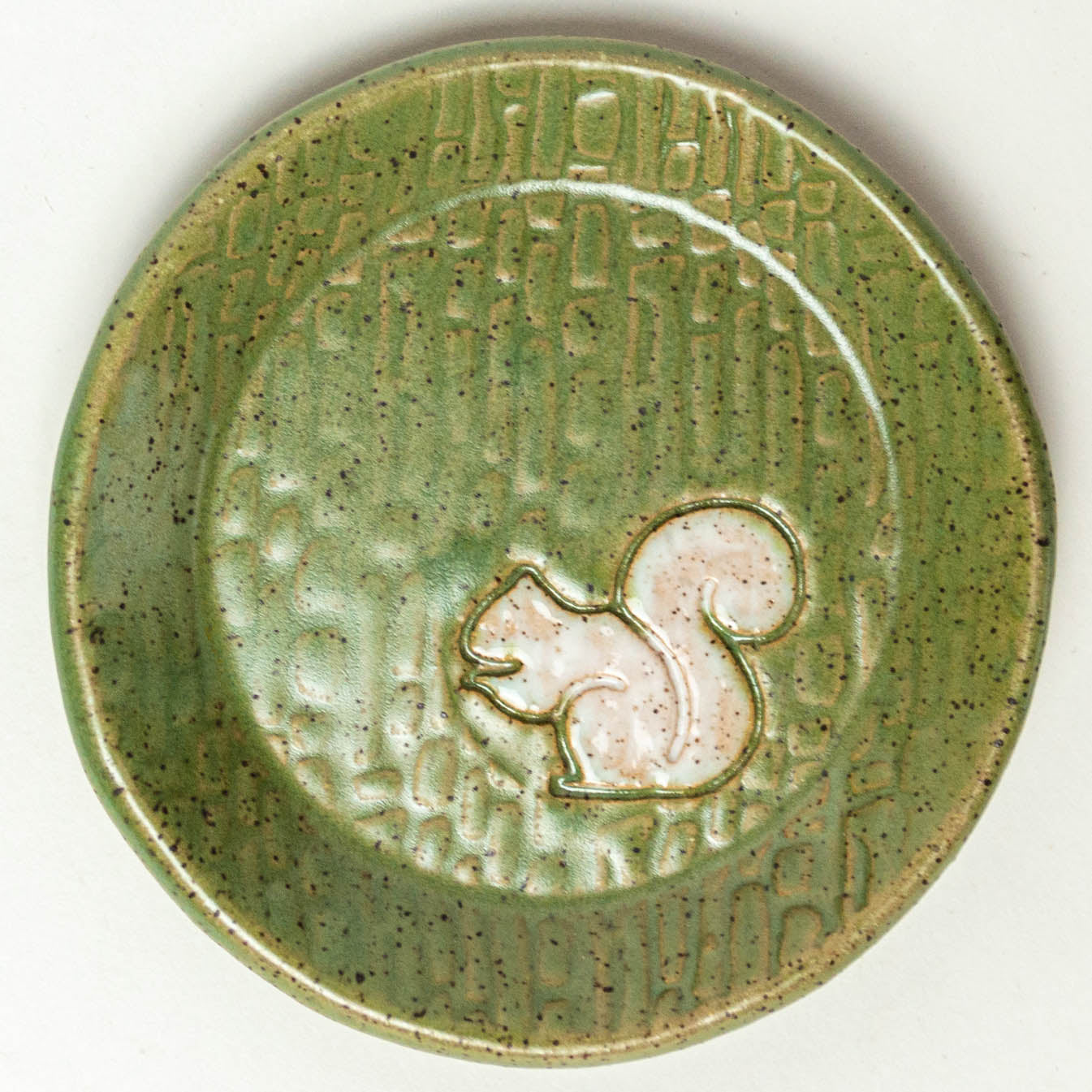 White Squirrel on Green Round Stoneware Trinket Dish
