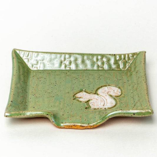 White Squirrel on Green Stoneware Soap Dish