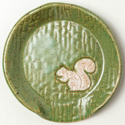 White Squirrel on Green Stoneware Spoon Rest