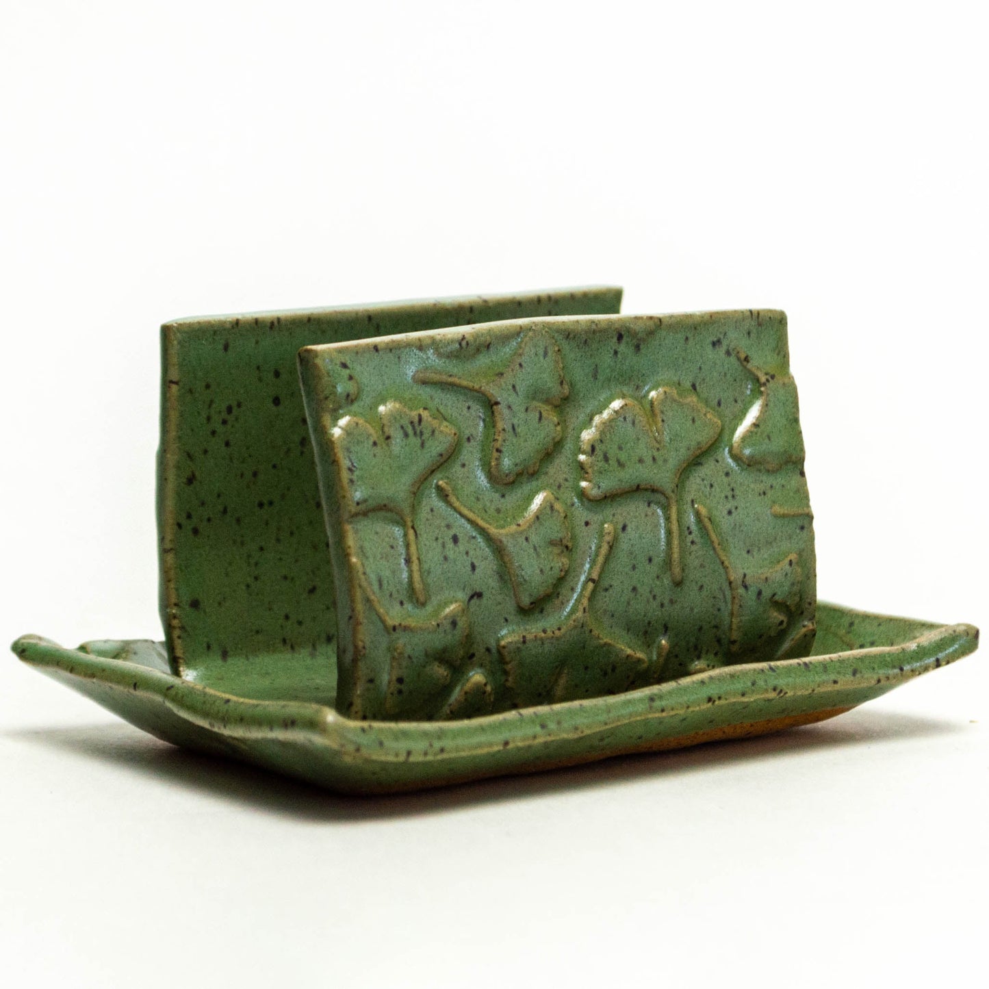 Ginkgo Leaf Pattern Green Stoneware Sponge Holder