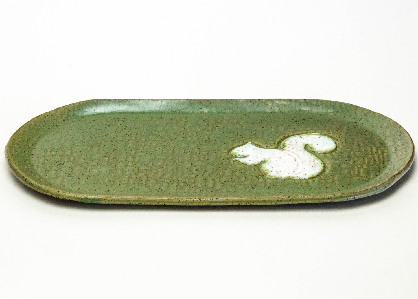 White Squirrel on Stoneware Green 10" x 5" Platter