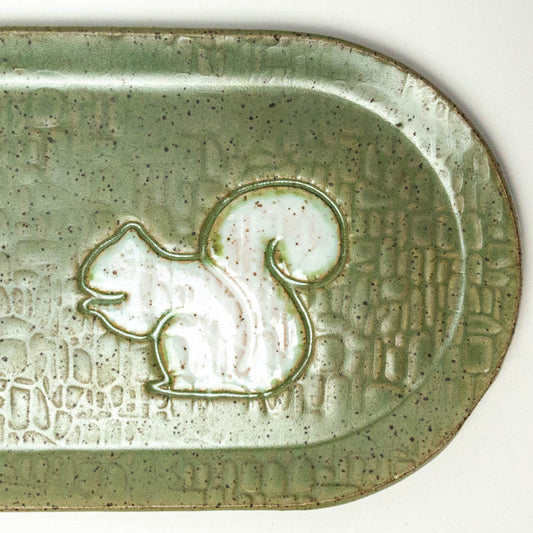 White Squirrel on Stoneware Green 10" x 5" Platter