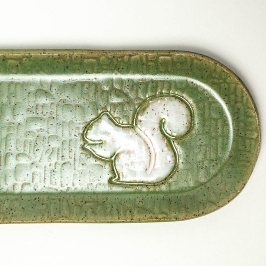White Squirrel on Green Stoneware 12"x4" Platter