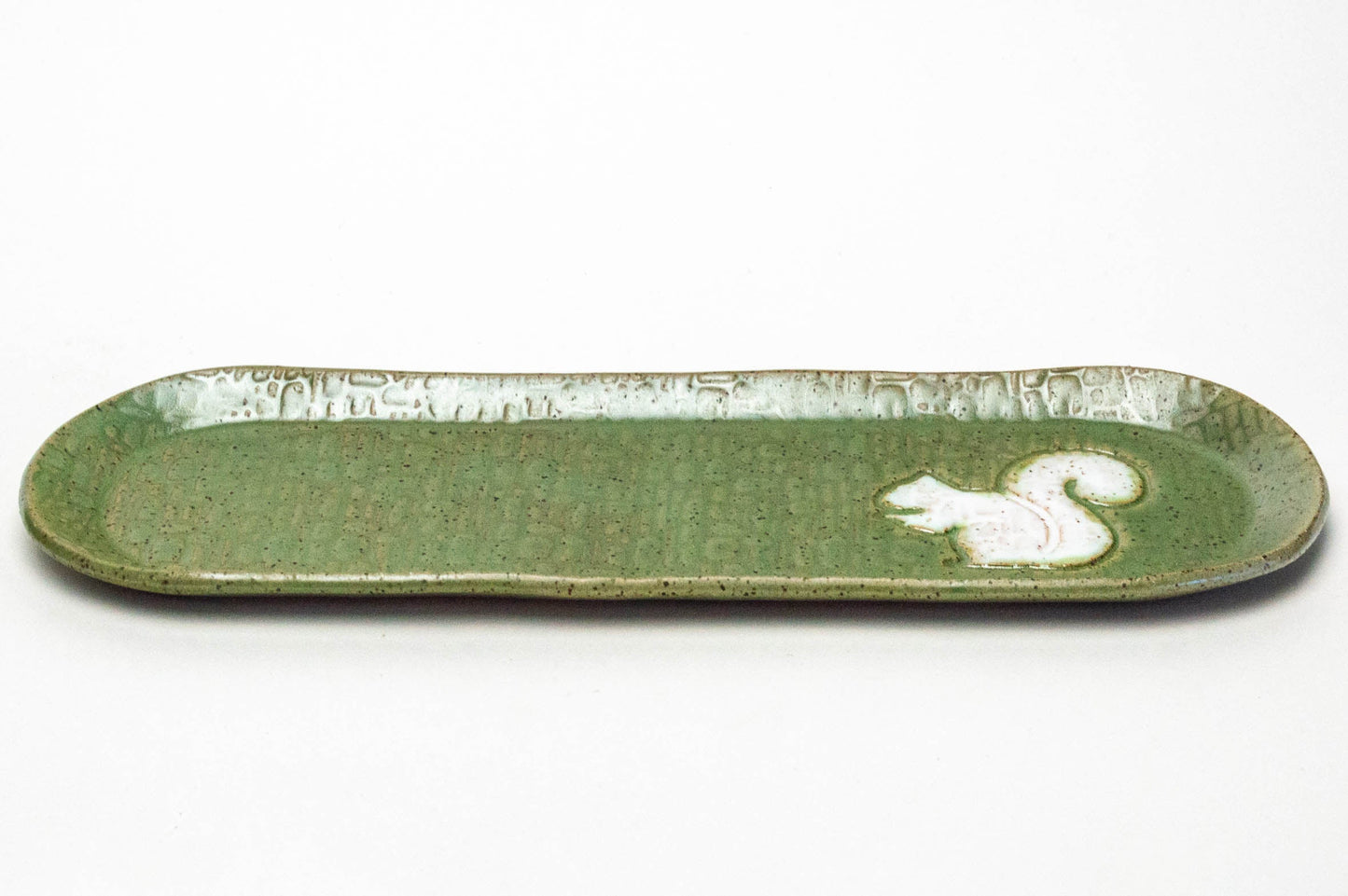 White Squirrel on Green Stoneware 12"x4" Platter