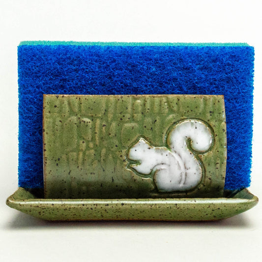 White Squirrel on Green Stoneware Sponge Holder