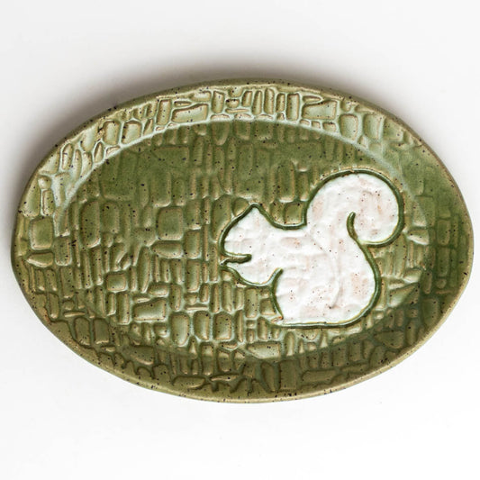 White Squirrel on Green Stoneware Oval Trinket Dish