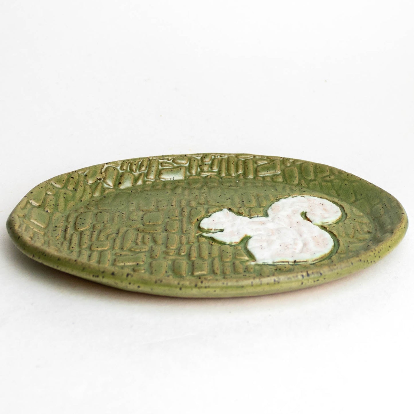 White Squirrel on Green Stoneware Oval Trinket Dish