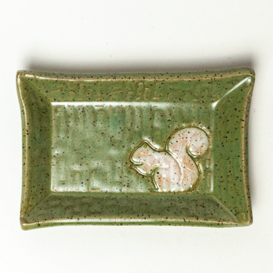 White Squirrel on Green Stoneware Trinket Dish