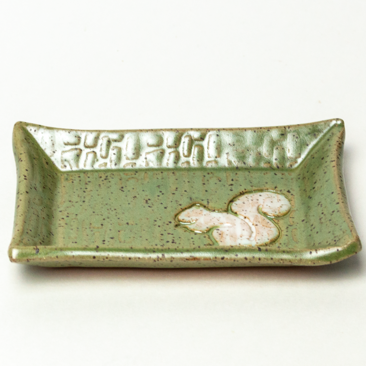 White Squirrel on Green Stoneware Trinket Dish