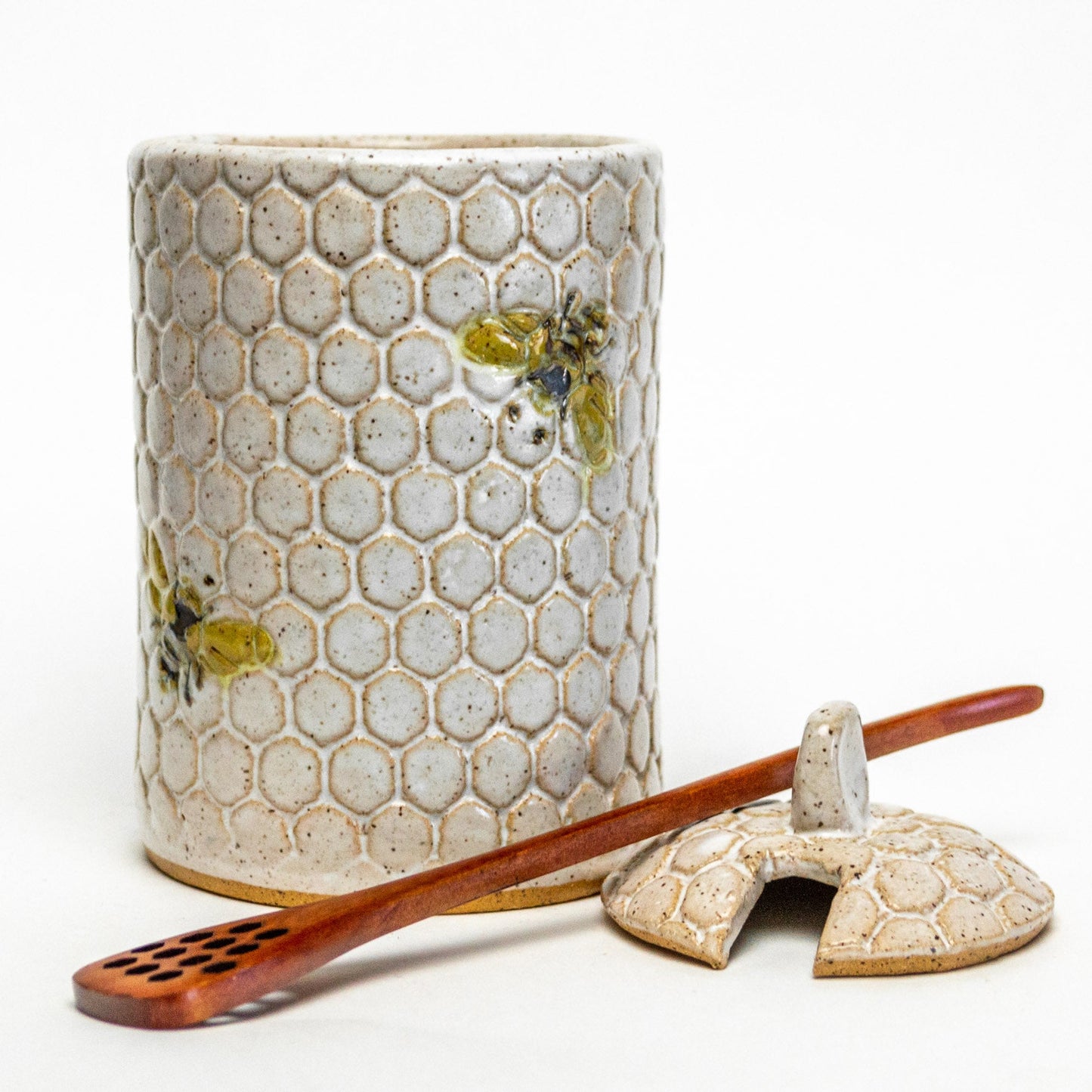 Bee Pattern White Honey Pot w/ Dipper